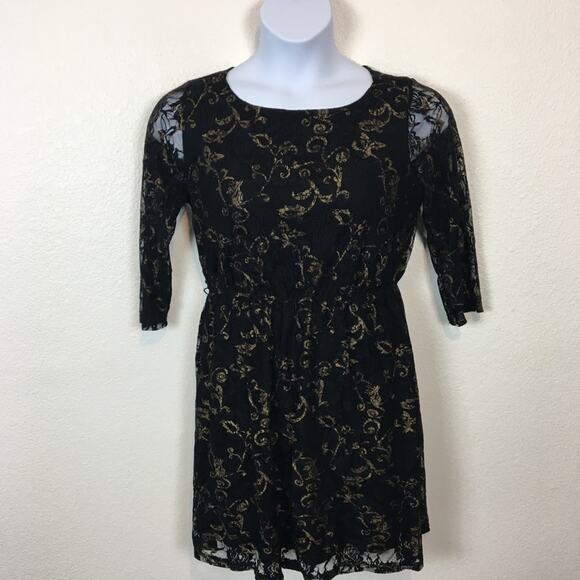 Lace Party Dress Funky 90s y2k Goth Wanna Be Black Lace Mini Dress with Gold - Picture 2 of 7